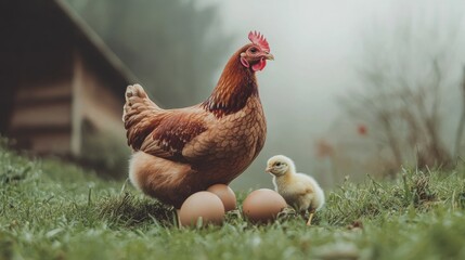 Hen with chicks on green grass with eggs nearby