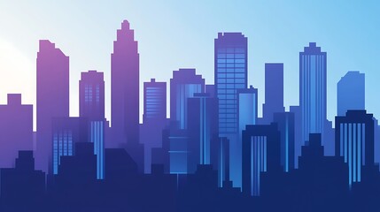 Fototapeta premium A silhouette of a city skyline with skyscrapers and buildings against a colorful gradient sky.