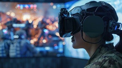 Female soldier experienced in virtual reality combat simulation at military training facility