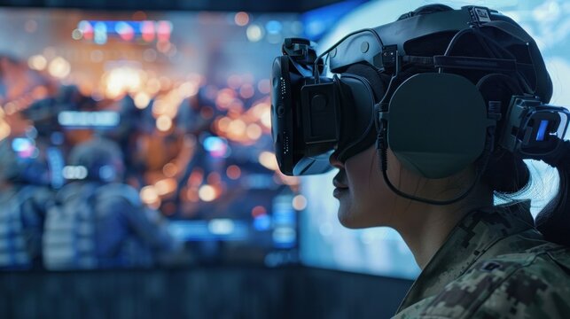 Female soldier experienced in virtual reality combat simulation at military training facility
