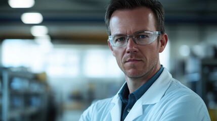 Fototapeta premium Male worker wearing a lab coat, looking at the camera in a factory workshop, minimal background with ample copy space.