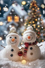 Two Snowmen Standing Together in Winter Wonderland