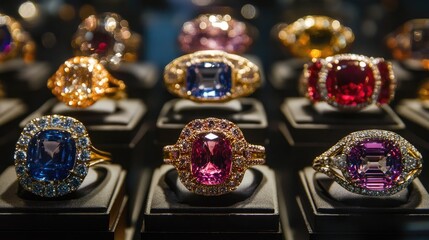 Elegant gemstone rings displayed in a showcase