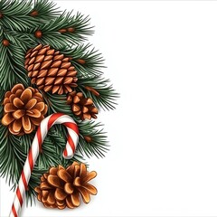 A festive arrangement of pine cones, evergreen branches, and a striped candy cane, perfect for holiday decor.