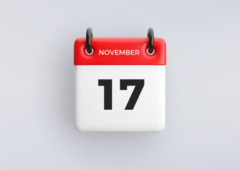 3D calendar icon with date 17 November on grey background. Vector schedule symbol.