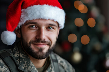 Generative AI image of military man or woman in Santa hat during holiday celebration family, perfect for festive homecoming themes