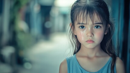 Obraz premium Stock minimalist photograph of a sad young girl with a tear-stained face, standing alone on a narrow street, her expression downcast with soft, diffused lighting surrounding her