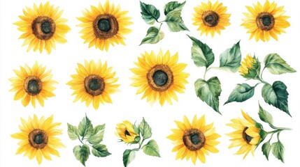 A delightful watercolor collection of yellow sunflowers with green leaves, hand-drawn and isolated for easy use. Perfect for summer-themed artwork and decorative projects.