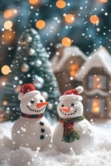 Obraz premium Two snowmen in red hats and scarves, standing in snow with a blurred background of a Christmas tree and a house.