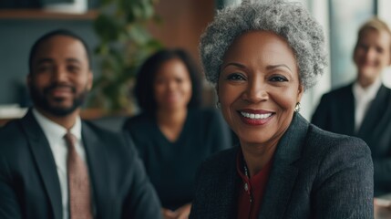 Fototapeta premium Group of successful business people, including a smiling senior Black woman, gathered in an office. Professional background with minimal details.