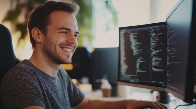 Caucasian man coding at his computer, smiling while working as a programmer, simple composition with minimal distractions.
