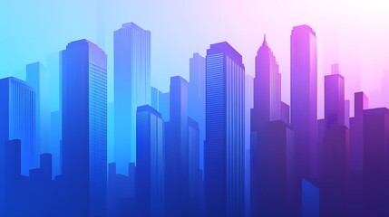 Fototapeta premium A vibrant city skyline with tall buildings in a gradient blue and purple color scheme.