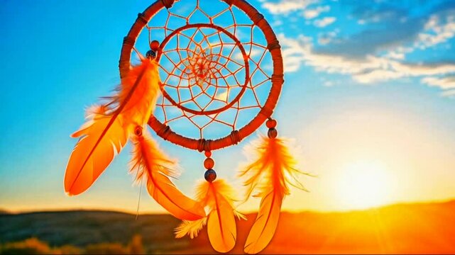 Dreamcatcher with orange feathers, swaying with light wind slow motion slide agains blue sky at sunset in summer. Amulet boho style, Indian style. Bright disk of the sun, the rays of the ... See More
