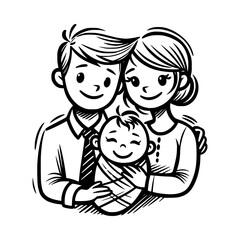 Cartoon Happy Family Dad Mom Little Baby