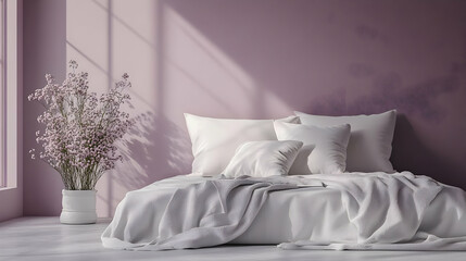 Cozy bedroom with soft pillows and a vase of flowers.