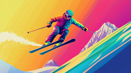 Skier jumping on ski resort, minimalist flat illustration, vector art poster, ski poster, winter sports poster, Ultra-high resolution