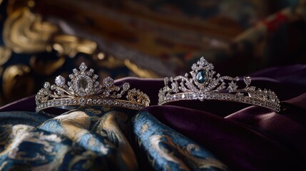 Elegant tiaras on luxurious fabric background
