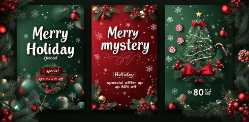 Naklejka premium Festive holiday banners with Christmas tree designs for seasonal advertising promotions and specials