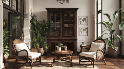 Fototapeta premium Two wicker armchairs with white cushions in a sunlit living room with tropical plants and a wooden cabinet