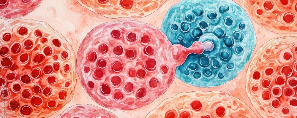 Poster vivid microscopic view of interconnected cells with distinct colors.