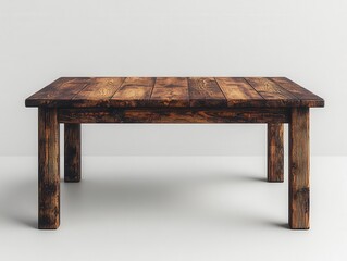 a simple front view of a dark brown wooden table against a white background, serving as a clean mockup ideal for design projects and creative presentations