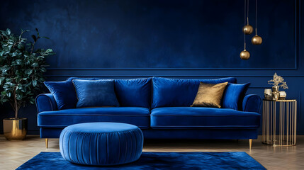 Elegant living room featuring a blue sofa and decorative elements.