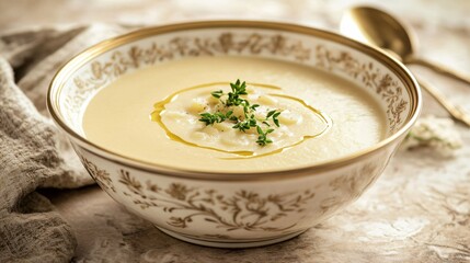 A bowl of creamy asparagus and potato soup, placed on a muted taupe background with soft gold floral details