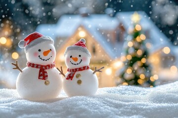 Fototapeta premium Two Snowmen in Santa Hats on a Snowy Landscape with a Christmas Tree and a House in the Background