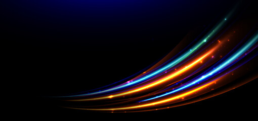 Abstract blue and orange neon diagonal glowing on black background with lighting effect sparkle. © Pramote