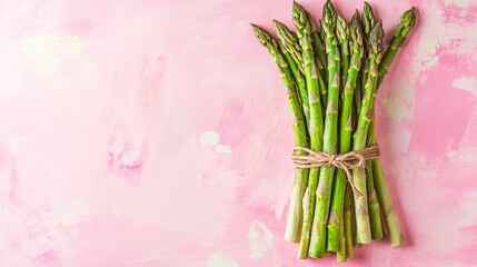 A bunch of asparagus tied with twine, isolated on a pastel pink background with soft watercolor decorative elements