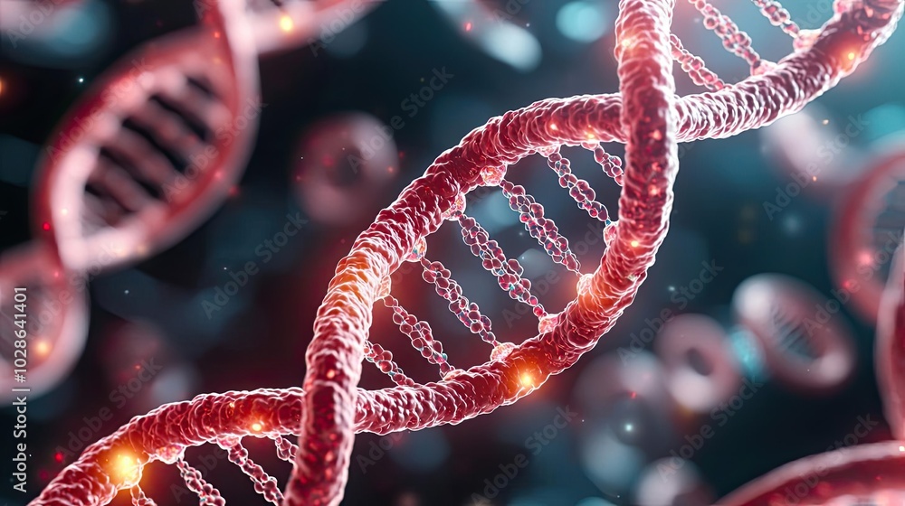Poster dna double helix structure with glowing elements, abstract background.