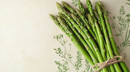 A close up of a bundle of asparagus spears, placed on a soft beige background with botanical illustrations in green