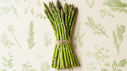 A close up of a bundle of asparagus spears, placed on a soft beige background with botanical illustrations in green