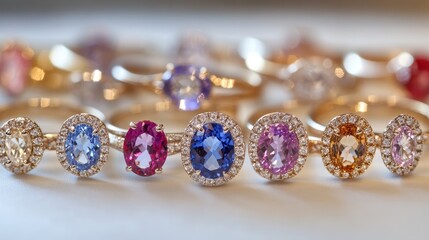A selection of engagement rings with different gemstone cuts--oval, round, and pear--arranged in a neat row