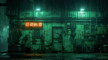 Rainy Night in a Japanese City: Grungy Building with Neon Sign