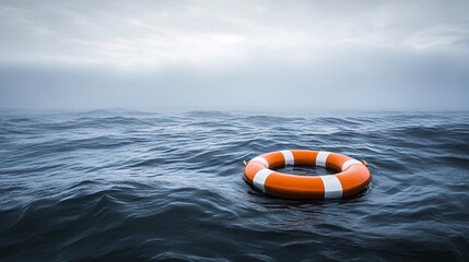Naklejka premium A bright orange life preserver floating on calm sea waters under a cloudy sky, symbolizing safety and rescue at sea.