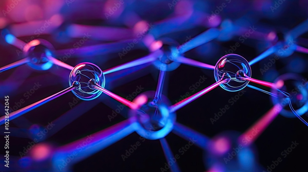 Poster abstract molecular structure with colorful light effects on a dark background.