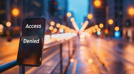 Smartphone displaying "Access Denied" on rail with blurred urban night lights in background