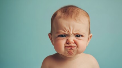 A cute baby making a face of disgust while refusing to eat, capturing a candid moment of childhood