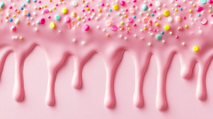 Naklejka premium A vibrant close-up of pink icing drizzling down, adorned with colorful sprinkles, creating a deliciously enticing dessert backdrop.