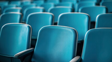 Naklejka premium Close-up of empty blue stadium seats arranged in rows with focus on the front row and blurred background.
