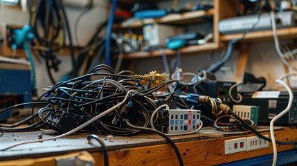 A tangled mess of wires and electronic components on a wooden workbench.