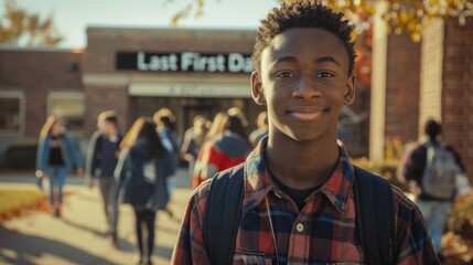 Fototapeta premium Teen student smiling outdoors on school campus during fall day with a blurry 