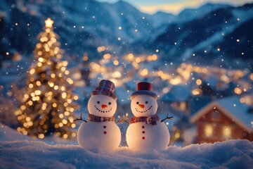 Obraz premium Two Snowmen Standing in Snowy Landscape with Christmas Tree and Lights