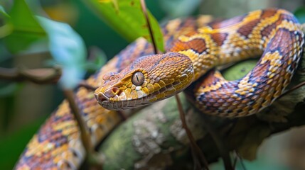 Fototapeta premium Close-up of a Yellow-and-Brown Snake on a Branch