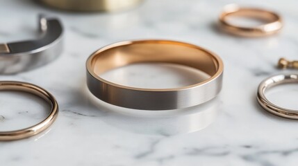 A sleek, minimalist cuff bracelet with a matte finish, styled alongside other modern jewelry pieces on a marble surface.