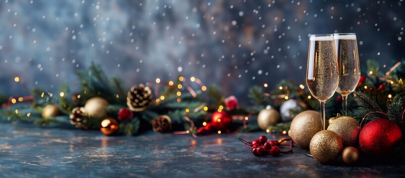 Two champagne flutes are filled with bubbly and stand amongst christmas decorations. Golden and red ornaments, evergreen branches, and glowing lights create a festive atmosphere