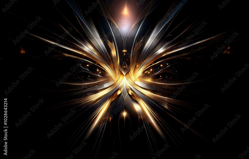 Poster a symmetrical abstract design in black and gold features many glowing lines that create a flowing, b