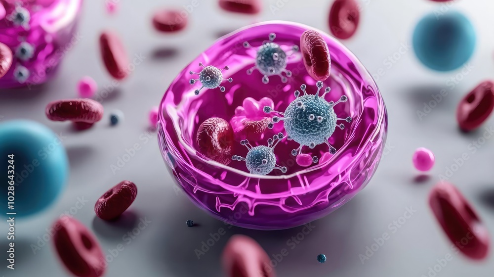 Poster microscopic view of colorful cells and viruses in a transparent sphere.