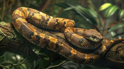 Fototapeta premium A Close-Up of a Brown and Yellow Snake Wrapped Around a Tree Branch